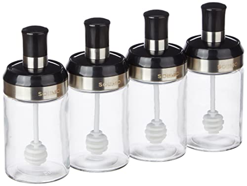 Amazon Brand – Solimo Borosilicate Glass Sauce Jar With Dipper, Set Of 4 (250 Ml Each)