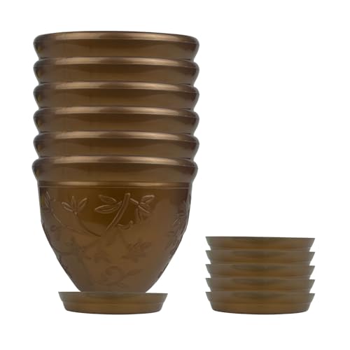 Go Hooked Plastic Round Flower Pots For Home Planters, Terrace, Garden Etc | Pack Of 06 | Brown | Suitable For Home Indoor & Outdoor Gardening Plants (Victor)