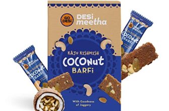 Go Desi Kaju Kishmish Coconut Barfi, 420 Grams Burfi, Individually Wrapped Burfi, 35 X 12G Each, Desi Meetha, Dry Fruits Sweet, Cashew Nuts Raisin Bar, Sweets Indian Mithai, Indian Sweets Gift Pack