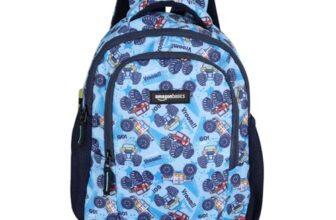 Amazon Basics Trendy And Spacious Truck Theme Kids Backpack | Comfortable Padding | 15 Inches (Blue)