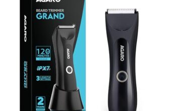Agaro Grand Men Body Trimmer For Beard, Armpit, Chest, Pubic & Legs, Skin Safe Technology, Self-Sharpening Ceramic Blades, Type C Fast Charging, 120 Min Usage, Waterproof (Ipx7), Cordless, Led Light