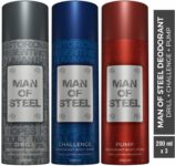 Denver Combo Of Man Of Steel Drill + Challenge + Pump Long Lasting Deodorant Spray – For Men(600 Ml, Pack Of 3)