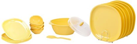 Signoraware Square Plastic Dinner Set | Set Of 21 Pcs | Plastic Dinnerware | Bpa Free | Food Grade | Unbreakable | Microwave, Dishwasher Safe | Stylish, Modern, Colourful & Affordable | Yellow