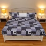 Status Contract 2024 Cotton Rich Double Fitted Bedsheet With 2 Pillow Covers For Bed Room, Home, Hotel-120 Gsm (Blue Square)