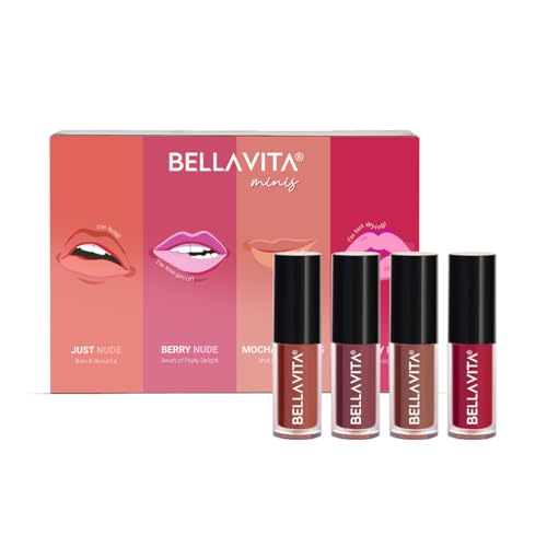 Bellavita Mini Kiss Proof Liquid Lipstick Gift Set Of 4 X 2Ml | Smudge & Transfer-Proof | Intense Moisturisation | Just Nude + Berry Nude + Mocha Madness + Cherry Pop | Lipsticks For Women | Lipstick Gift Set | Lipstick Combo Set