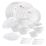 Cello Opalware Dazzle Series Lush Fiesta Dinner Set, 35 Units | Opal Glass Dinner Set For 6 | Light-Weight, Daily Use Crockery Set For Dining | White Plate And Multipurpose Bowl Set