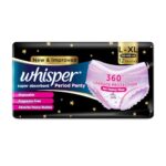 Whisper Super Absorbent Period Panty, 12 L-Xl Pants, 360 Degree Leakage Protection For Heavy Flow, Panty Like Fit For Full Back Coverage, Absorbs Heavy Gushes, Silky Soft, Comfortable Feel