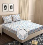 Bsb Home Cotton Rich 160Tc Elastic Fitted Bedsheets With 2 Pillow Covers | Double Bed With Corner Fit Wrinkelfree Supersoft Floral Pattern Breathable |Size-72X68+6 Inches | Off White & Blue
