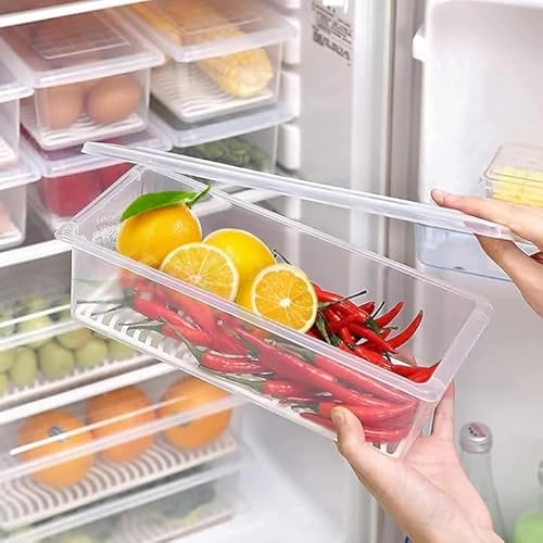 Unismart 6 Fridge Storage Boxes Fridge Organizer With Removable Drain Plate And Lid Stackable Fridge Storage Containers Plastic Freezer Storage Containers For Fish, Meat, Vegetables, Fruits(1500Ml)