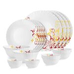 Cello Opalware Dazzle Series Yellow Scroll Dinner Set, 18Pcs | Opal Glass Dinner Set For 4 | Light-Weight, Daily Use Crockery Set For Dining | White Plate And Bowl Set
