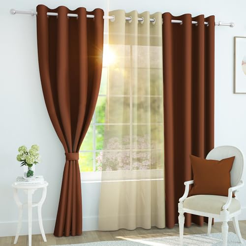 Story@Home Combo Curtains Of Blackout & Sheer | Thermal Insulated, Heavy Blackout With Semi-Transparent Design | Curtains For Living Room | Window Curtain 5 Feet Set Of 3 (116 X 152 Cm, Brown & Beige)