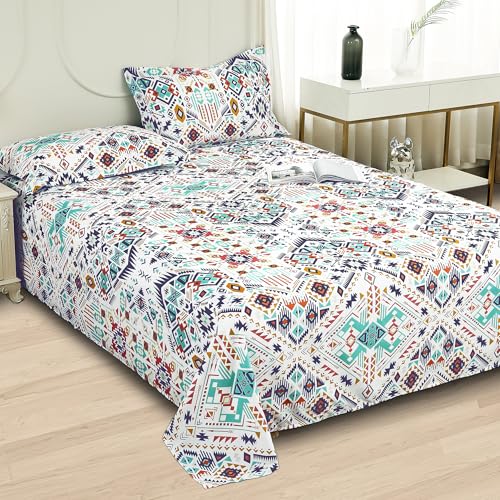 Story@Home Bedsheet For Double Bed Queen Size 240Tc Satin Finish, Microfiber Double Bed Bedsheet, 225X250Cm With 2 Pillow Covers, White & Blue Aztec | Perfect For Festive Gifting