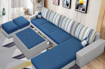 Casastyle Adona 8 Seater Fabric Rhs Sectional L Shape Sofa Set With Centre Table & 2 Puffy (Dark Blue- Light Grey)
