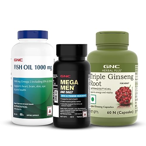 Gnc Men’S Energy, Immunity & Performance Trio | Multivitamin With 32 Premium Ingredients (30 Tablets), Fish Oil 1000 Mg (60 Softgels) & Triple Ginseng Root (60 Capsules)