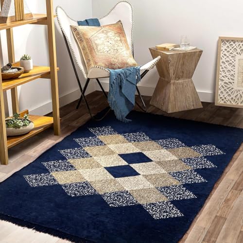 Bsb Home Designer Superfine Chenille Carpet | 500 Gsm Velvet Carpet/Area Rug/Durries With Fine Gold Yarn For Living Room, Bedroom, Runner| 122 X 183 Cm Or 4X6 Ft, Blue