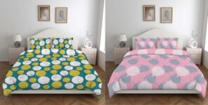Amazon Brand – Solimo Bedsheet | Double Bed | 2 Pillow Covers | 80-85 Gsm (Set Of 2) (Polka Dot Green And Floral Pink)