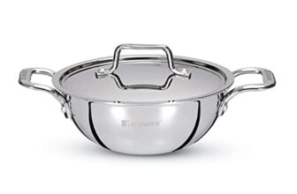 Bergner Tripro Triply Stainless Steel 24Cm Kadai With Stainless Steel Lid, 3.1 Litres Kadhai With Lid, Metal Spatula Friendly, Easy To Clean, Induction Bottom And Gas Stove Ready – Silver
