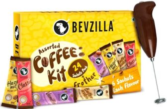 Bevzilla 24 Flavoured Coffee Sachets & Frother Coffee Kit (24 X 2 Gram Sachets) | Makes 24 Cups | 6 Sachets Each Flavour | Turkish Hazelnut, Colombian Gold, French Vanilla & English Butterscotch | 100% Arabica Coffee
