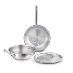 Bergner Tripro Triply Stainless Steel 3 Pc Cookware Set, 24 Cm Indian Wok/Kadai With Lid, 22 Cm Frypan Without Lid, Fast And Event Heating, Induction Bottom, Gas Ready, Silver