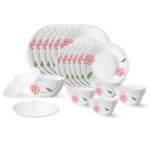 Larah By Borosil Red Mist Fluted Series Opalware Floral Dinner Set|28 Pieces For Family Of 6|Microwave&Dishwasher Safe|Bone-Ash Free|Crockery Set For Dining&Gifting|Plates&Bowls|White
