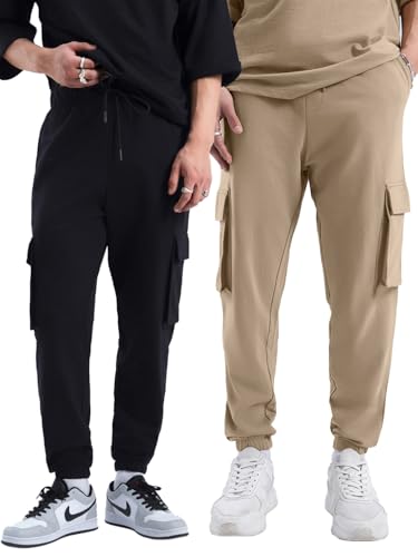 Bewakoof Air 1.0 Men’S Solid Oversized Fit Terry Cargo Joggers(Pack Of 2)_A4-552880-552891_Black & Brown_Xl