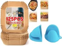 100Pcs 8-Inch Non-Stick Air Fryer Parchment Paper & Silicone Pot Holder Set – Heat-Resistant Oven Mitts & Convenient Hand Clips For Safe Cooking (100-Pack Air Fryer Paper Liners)
