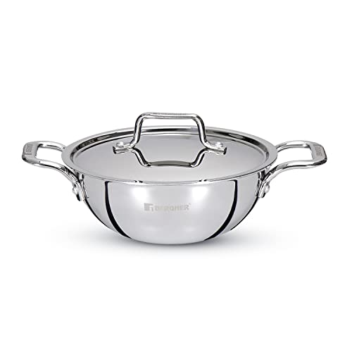 Bergner Tripro Triply Stainless Steel 24 Cm Kadai With Stainless Steel Lid, 3.1 L Kadhai, Metal Spatula Friendly, Easy To Clean, Induction Bottom And Gas Stove Ready, 5-Year Warranty