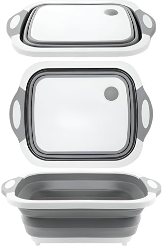 Collapsible Folding Cutting Board With Basket – 3-In-1 Food-Grade Plastic Chopping Board, Dish Tub With Draining Plug, Colander For Fruits, Vegetables & Sink Storage