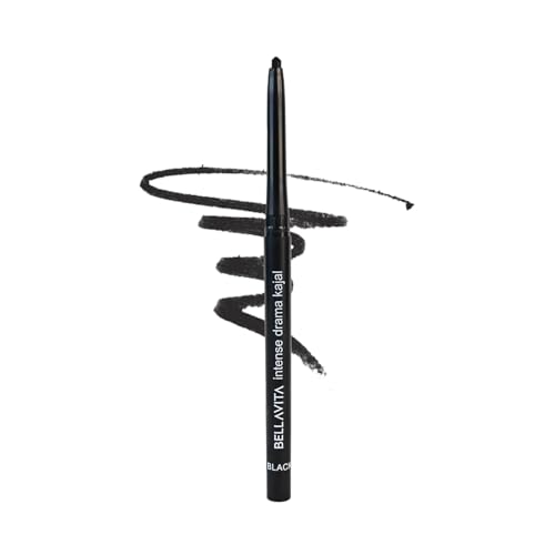 Bellavita Intense Drama Kajal, Black, Intense Pigment, Smudge-Proof, Long Lasting, Enriched With Vitamin E & Almond Oil, Glossy, 0.3 G