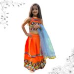 Fluxus Traditional Indian Lehenga Choli Set For Girls With Embroidered Birds Pattern, Halter Top & Dupatta – Perfect For Weddings, Festivals & Parties (Girl, Orange, 0-1 Year)