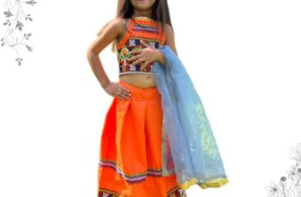 Fluxus Traditional Indian Lehenga Choli Set For Girls With Embroidered Birds Pattern, Halter Top & Dupatta – Perfect For Weddings, Festivals & Parties (Girl, Orange, 1-2 Year)