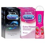 Durex Pleasure Packs (Condoms – 10 Count (Pack Of 2, Extra Time), Condoms – 10 Count (Pack Of 2, Extra Ribbed), Pleasure Gel – 50 Ml (Cherry))