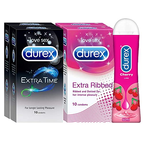 Durex Pleasure Packs (Condoms – 10 Count (Pack Of 2, Extra Time), Condoms – 10 Count (Pack Of 2, Extra Ribbed), Pleasure Gel – 50 Ml (Cherry))