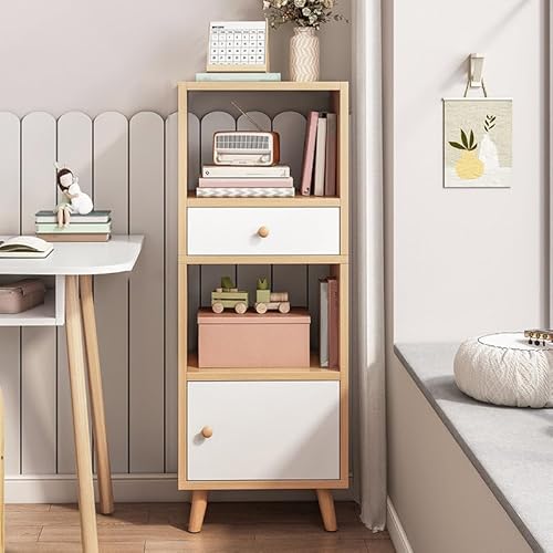 Spydergreen Narrow Bookshelf With Door With Drawer, Display Case Locker, Storage Rack, Small Bookcase, Floor Rack For Living Room Bedroom, Color :Beech & White (40X24X120Cm)