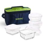 Borosil Alfa Green Universal Lunchbox | 4Pc (320Ml X 2 Square + 240Ml X 2 Round) Container Set | Made In India Borosilicate Glass | Microwave & Dishwasher Safe Tiffin For Office, College & School