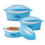 Milton Delight Jr. Inner Stainless Steel Serving Casserole Gift Set Of 3 (520 Ml, 820 Ml, 1.3 Litres), Pu Insulated Kitchen Hot Pot, Keeps Food Hot & Fresh For Roti, Biryani, Blue