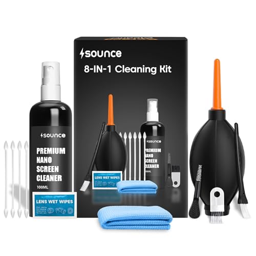 Sounce Professional 8-In-1 Cleaning Kit For Laptop, Tablet, Smartphone, Camera, Earbuds – Includes 100Ml Cleaning Solution, Air Blower, Cotton Swabs, Suede Plush, Microfiber Cloth