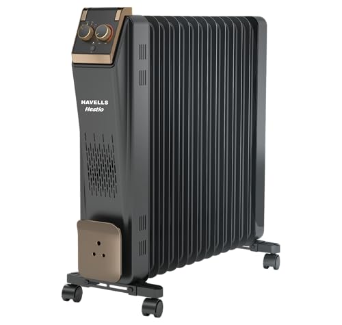 Havells 13 Fin Hestio Straight Fin Ofr (Oil Filled Radiator)|Room Heater|2900 W|3 Heat Settings & Ptc Fan Heater|Inclined Control Panel|Retractable Wheels| Comfortable Breathing|360° Heating (Black)
