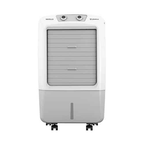 Havells Koolmate 40 L Personal Air Cooler For Home| Powerful Air-Delivery| With Fan & 3 Side Bacteria Shield Honeycomb Pads |Ice Chamber|Fully Collapsible Louvers|Front Wheels With Brakes(White Grey)