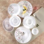 Larah By Borosil Silk Series Red Bud Opalware Dinner Set With Steel Spoon | 55 Pcs For Family Of 8 | Microwave & Dishwasher Safe | Bone-Ash Free | Crockery Set For Dining & Gifting | Plates & Bowls