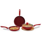 Wonderchef Royal Velvet Non-Stick 4 Piece Cookware Set|Fry Pan With Lid, Wok And Dosa Tawa|Induction Bottom|Soft-Touch Handles|Virgin Grade Aluminium|Pfoa And Heavy Metals Free|2 Years Warranty|Red
