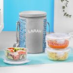 Larah Glassware Vogue Borosilicate Glass Lunchbox With Bag | 3Pc Round Container Set (400 Ml Each) | Microwave & Dishwasher Safe, Leakproof | Tiffin For Office, School, College | Blue