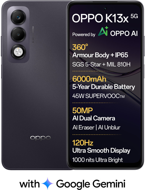 Oppo K13X 5G 6000Mah And 45W Supervooc Charger & Ai (Midnight Violet, 128 Gb)(8 Gb Ram)
