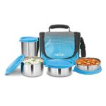 Milton Tasty 3 Combo Lunch Box With Insulated Fabric Jacket, 3 Stainless Steel Containers (200 Ml, 320 Ml, 500 Ml) & And 1 Tumbler, 380 Ml, Leak-Proof Tiffin For Office, College, Picnic, Cyan