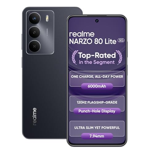 Realme Narzo 80 Lite 5G (Onyx Black, 6Gb+128Gb) | 6000Mah Long-Lasting Battery | Mediatek Dimensity 6300 5G | Ai Assist | Ip64 Rated Water & Dust Resistance | Military-Grade Durability