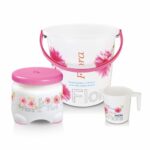 Nayasa Plastic Flora 3 Pcs Bathroom Set | Bucket 18 L + Mug 1.5 L + 508 Stool | Bathroom Accessory Set Plastic | Bathroom Set | Bath Set For Bathroom | Pink