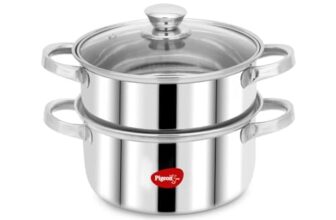 Pigeon By Stovekraft Steel X Steamer Stainless Steel Induction Base, Modak Maker/Momo Maker, Dual Compartment With Glass Lid, 4.6L Capacity, Silver