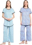 Urban Knaya Pack Of 2 Night Suit Set For Girls & Women Pure Cotton Light Weight Printed Night Dress (Medium, Sea Blue & Sky Blue)
