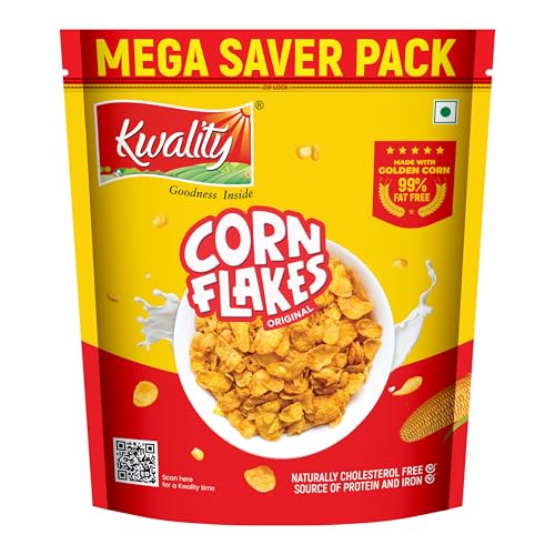 Kwality Corn Flakes 800G | Made With Golden Corns | 99% Fat Free, Natural Source Of Vitamin & Iron | High In Protein & Fiber | Healthy Breakfast Cereal