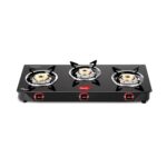 Pigeon By Stovekraft Aster 3 Burner Gas Stove With High Powered Brass Burner Gas Cooktop, Cooktop With Glass Top And Powder Coated Body, Black, Manual Ignition, Standard (14267)